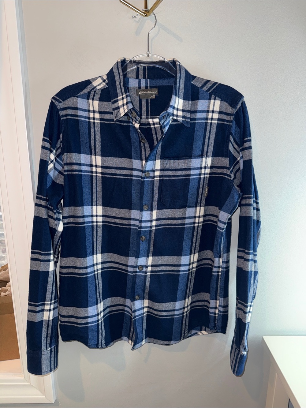 Eddie Bauer Navy and White Plaid Button-Down Shirt